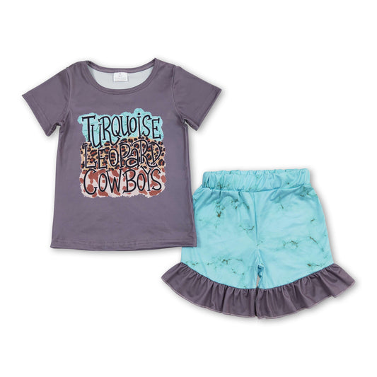 Turquoise leopard cowboy top shorts girls summer clothes