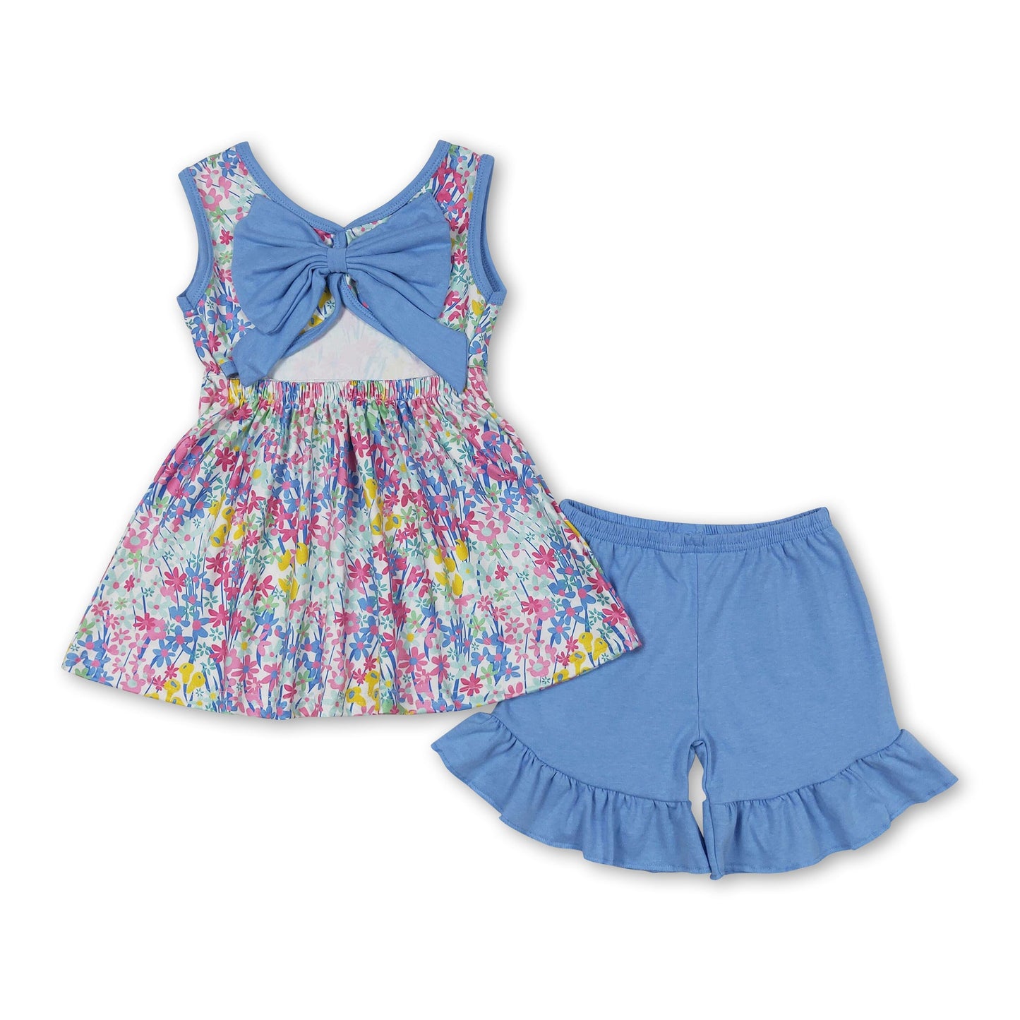 Sleeveless floral tunic ruffle shorts girls summer clothes