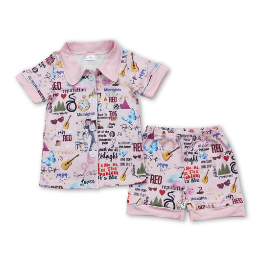 Pink guitar singer ears girls button down pajamas