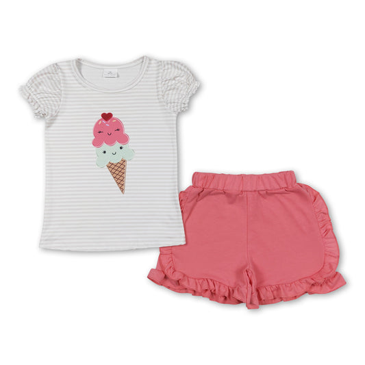 Stripe ice cream top ruffle shorts girls summer clothes