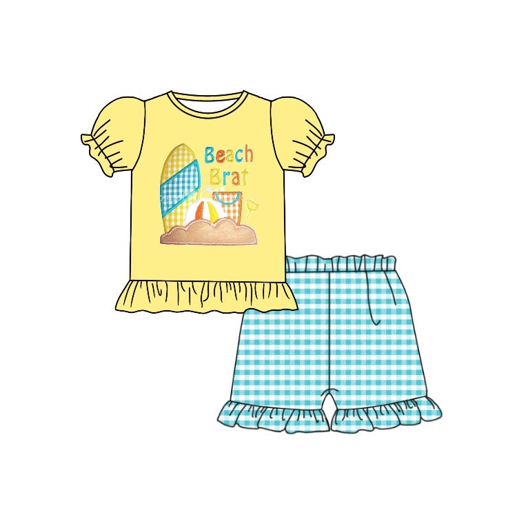 Yellow beach ball top plaid shorts girls summer clothing