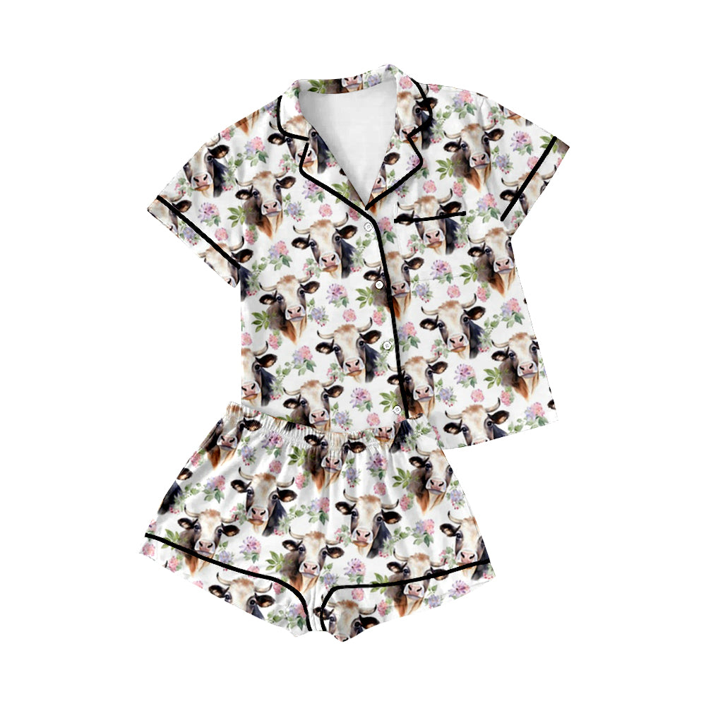 Cows pink flower girls button down summer pajamas