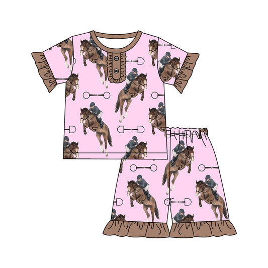 Pink ruffle rodeo horse kids girls summer pajamas