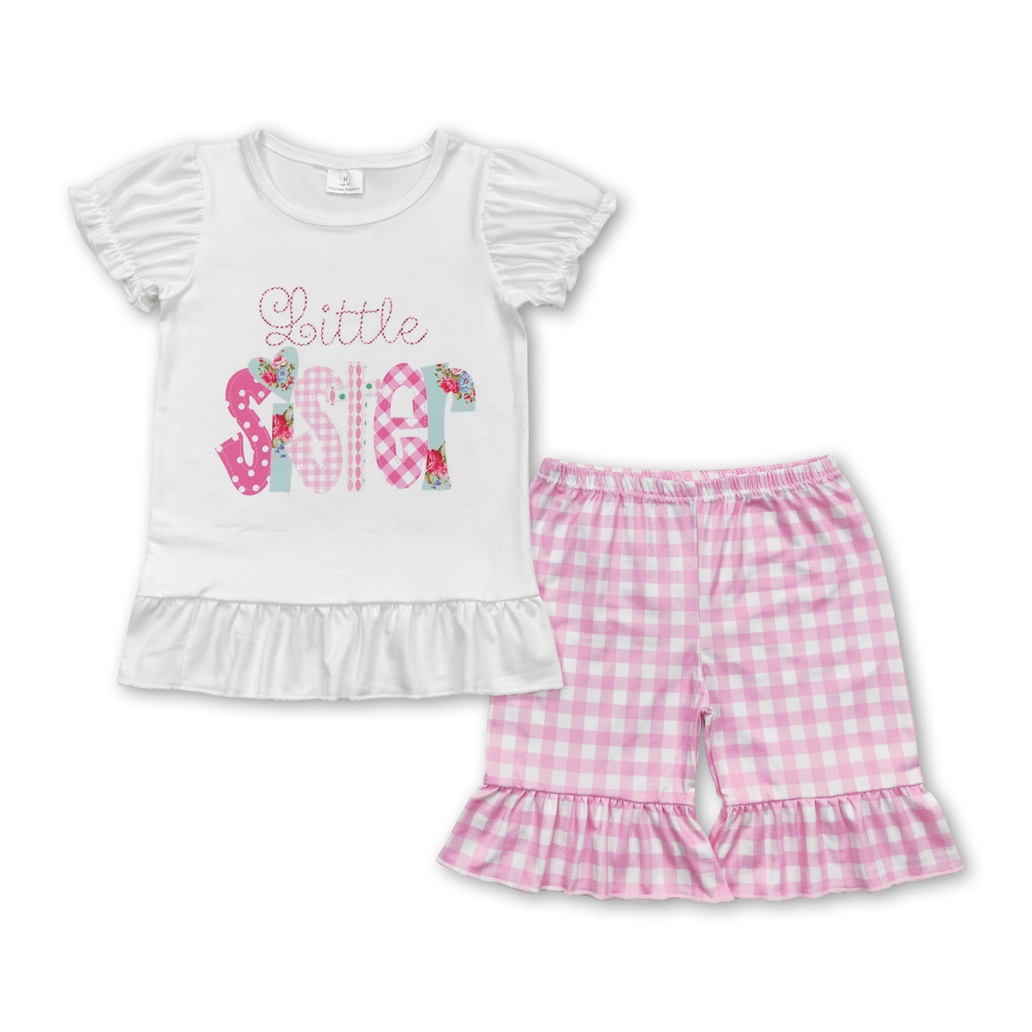 Little sister floral top pink plaid shorts girls outfits