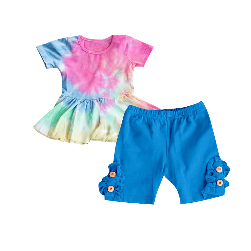 Tie dye peplum blue shorts girls summer clothes