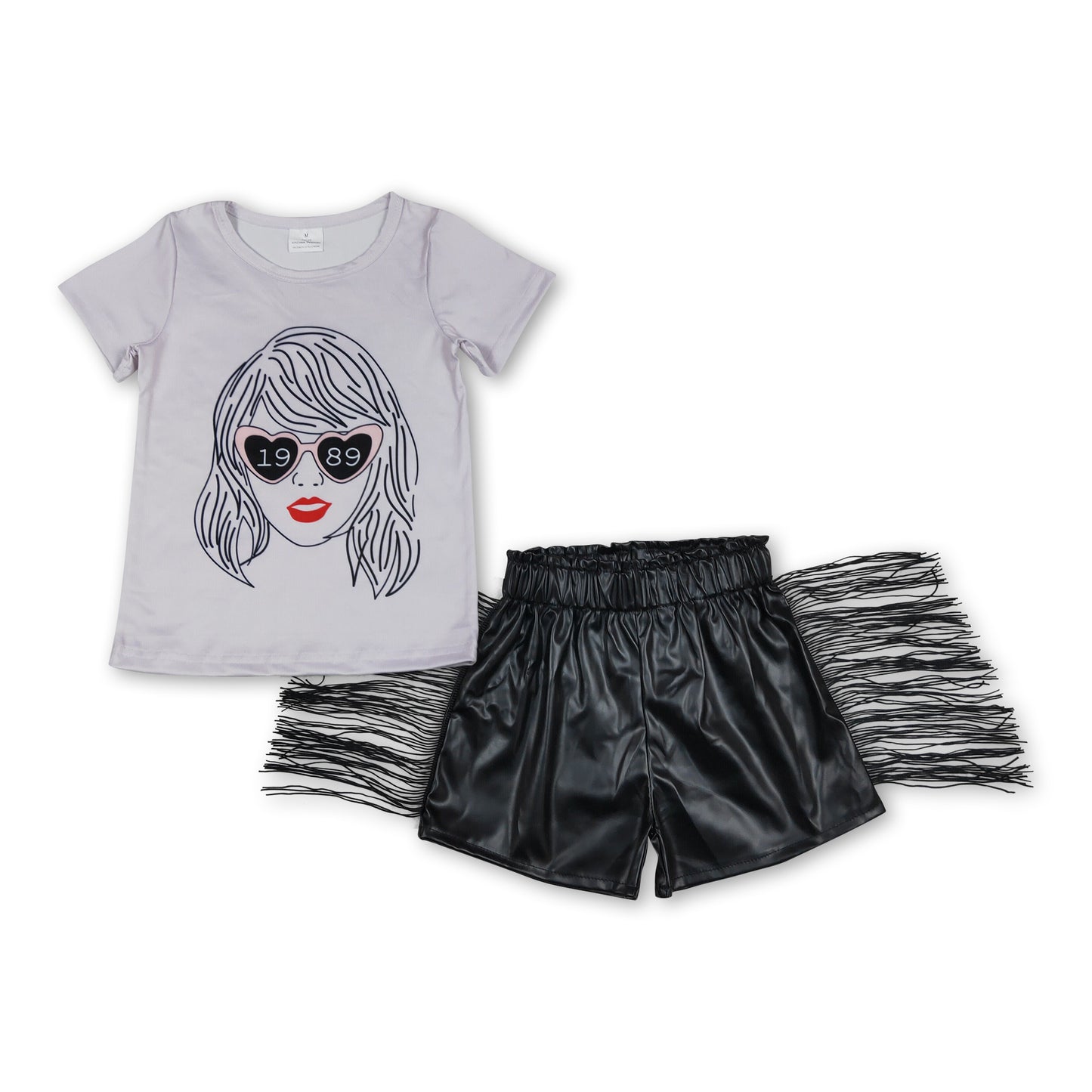 Heart glasses top tassels leather shorts singer girls clothes