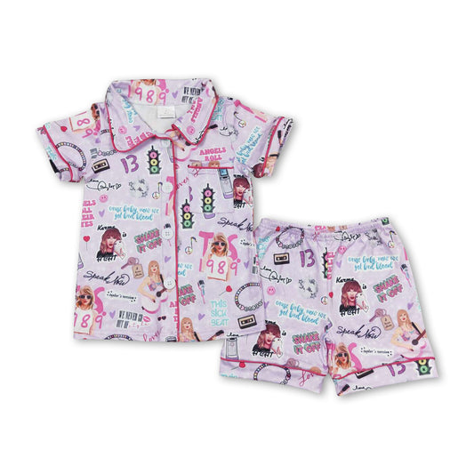 Short sleeves lavender singer girls button down pajamas