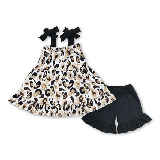 Black straps leopard tunic ruffle shorts girls clothes