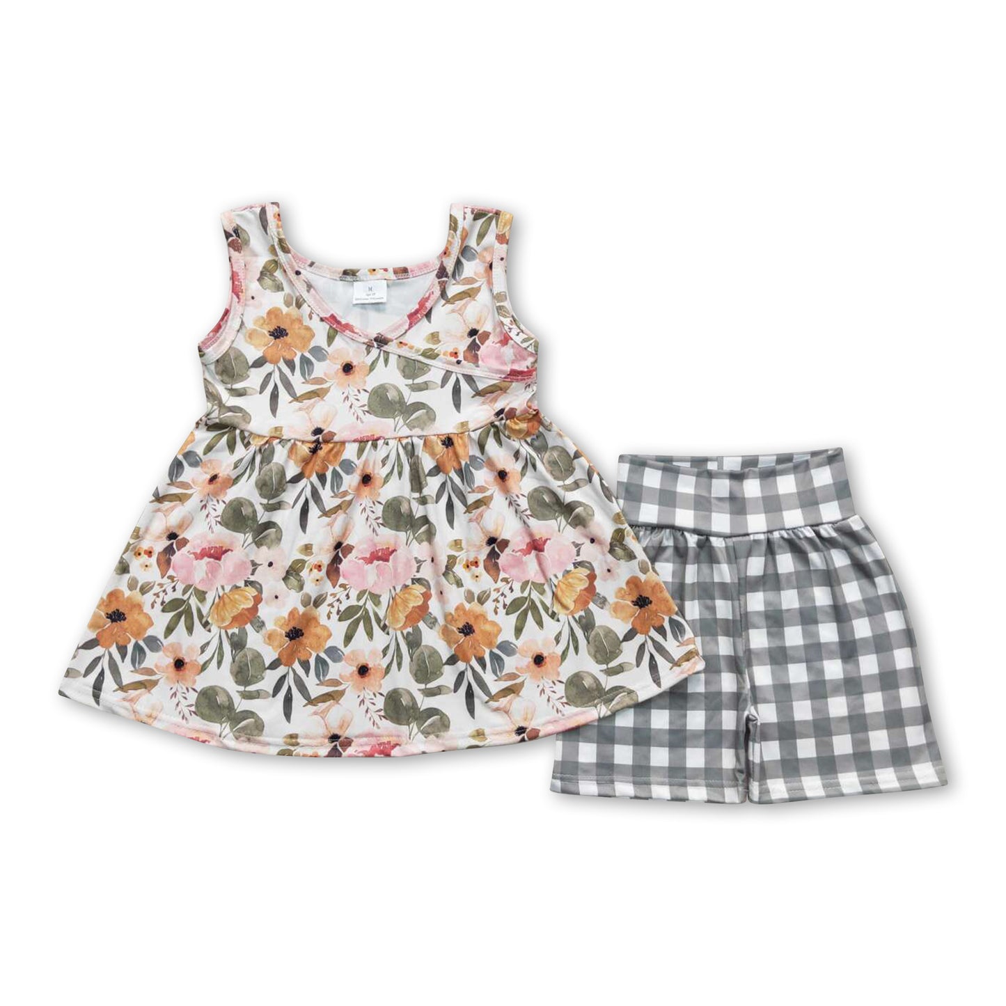 Sleeveless floral peplum plaid shorts girls clothes