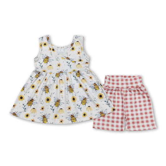 Yellow bee floral peplum plaid shorts girls clothes