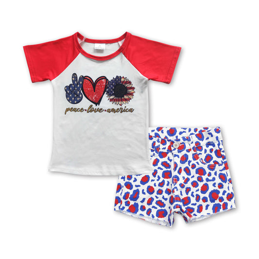 Peace love America leopard denim shorts girls 4th of july set