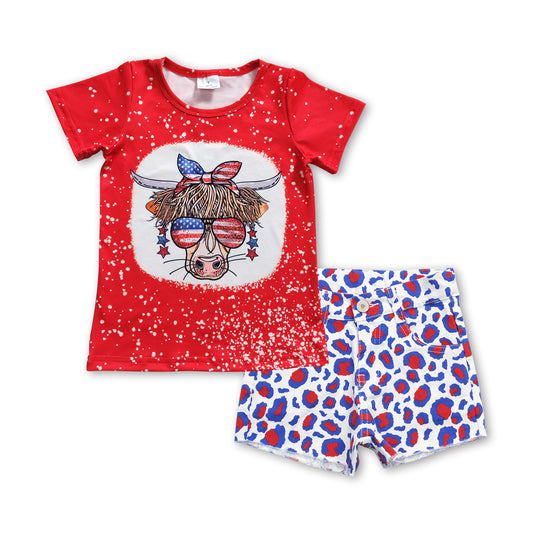 Highland cow shirt leopard denim shorts girls 4th of july set