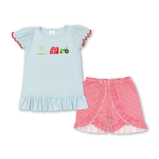 Short sleeves farm tractor top stripe shorts girls clothes