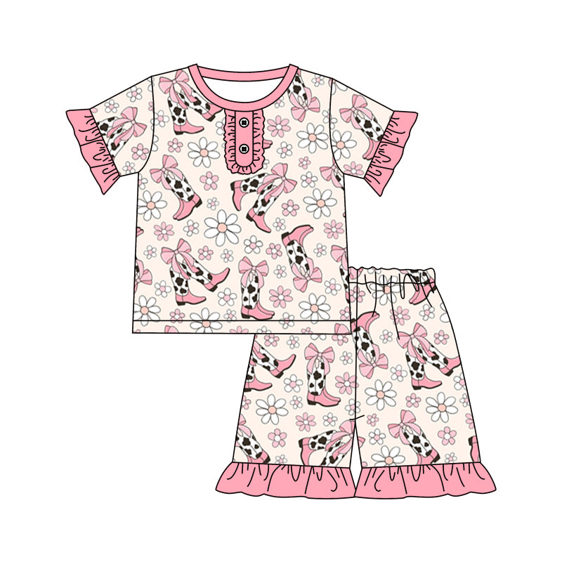 Short sleeves cow boots floral baby girls pajamas