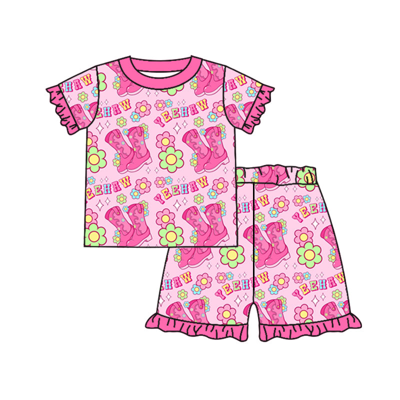 Short sleeves pink boots floral baby girls pajamas