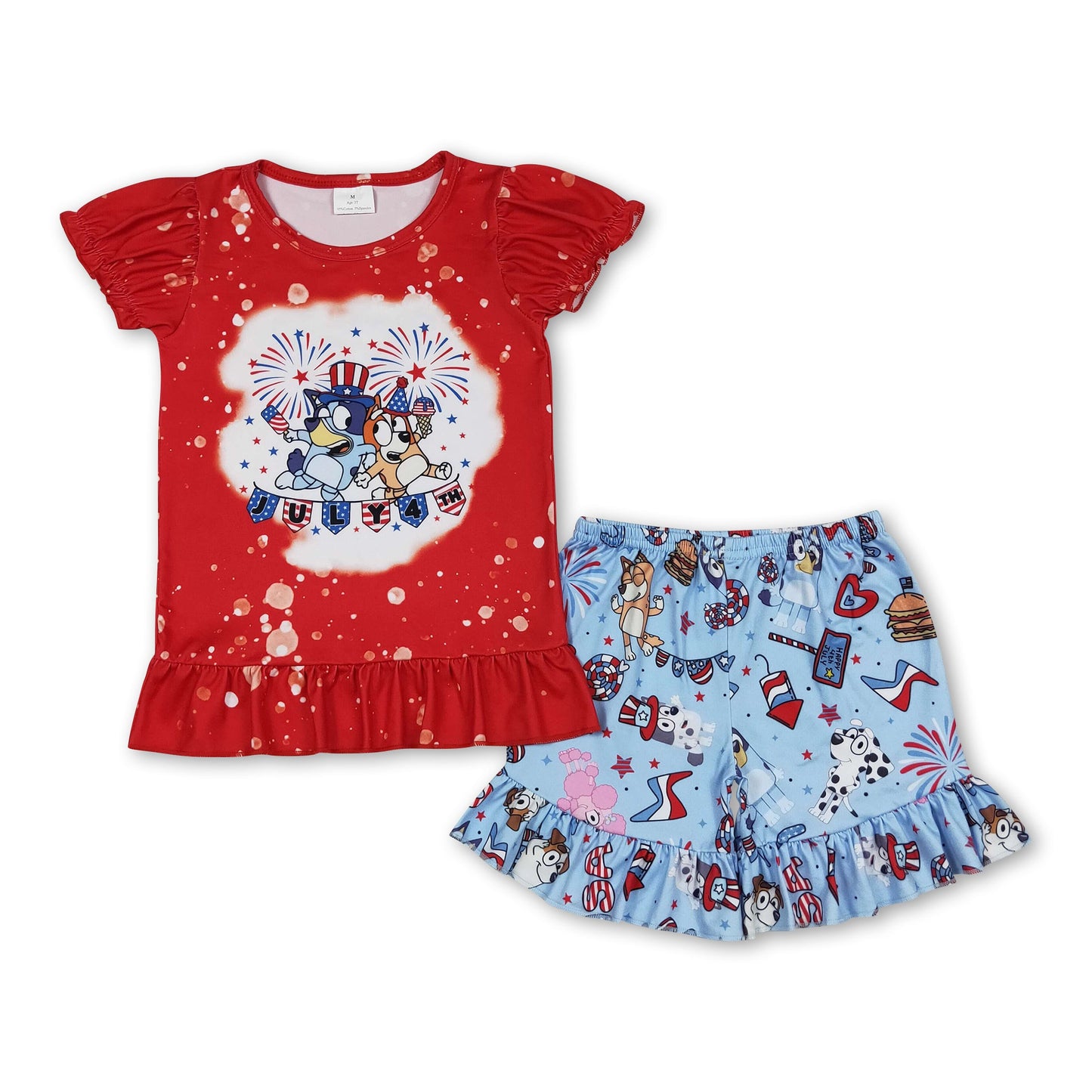 Red bleached July 4th dogs kids girls clothing set