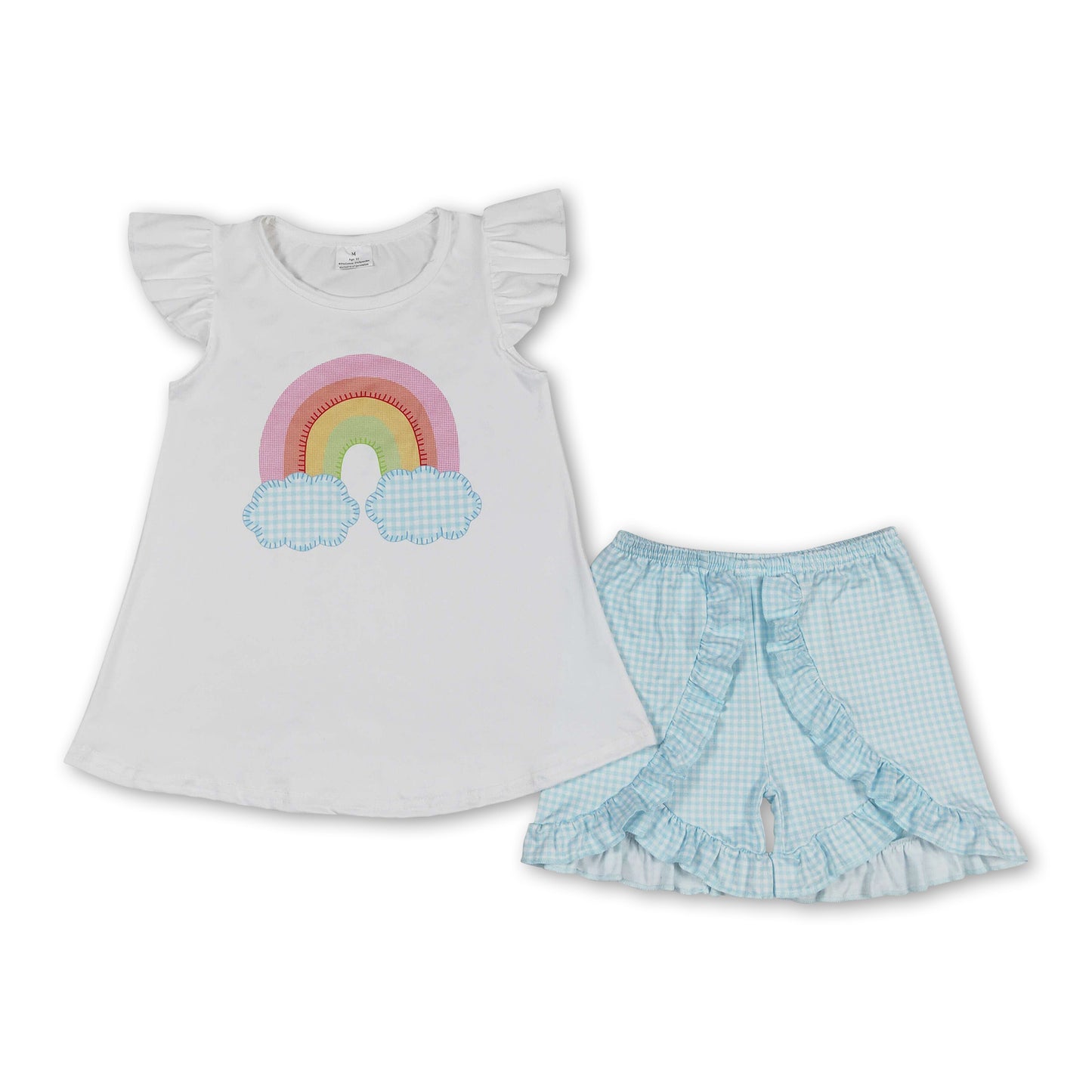 Rainbow cloud top ruffle shorts girls summer outfits