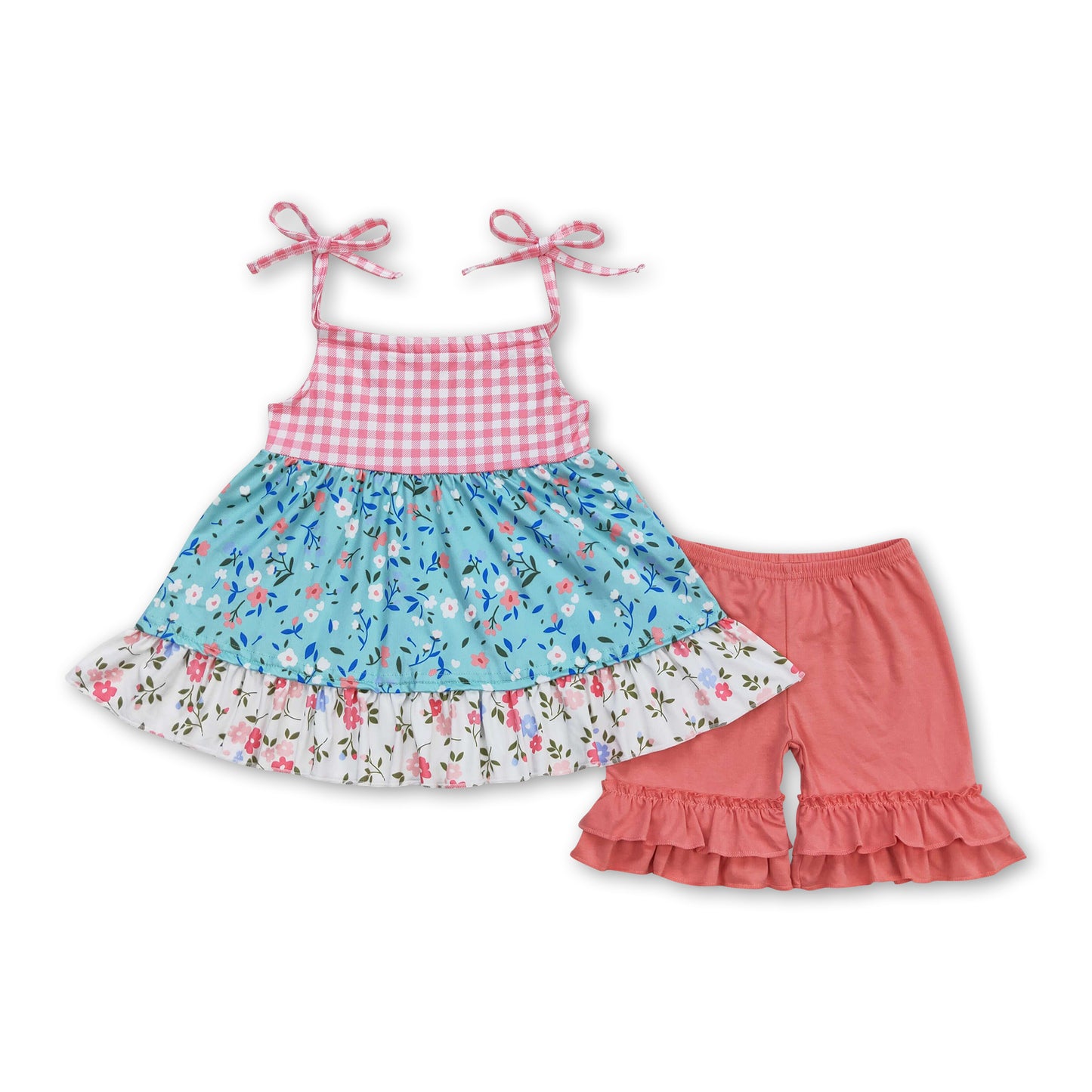 Floral plaid tunic ruffle shorts girls summer clothes