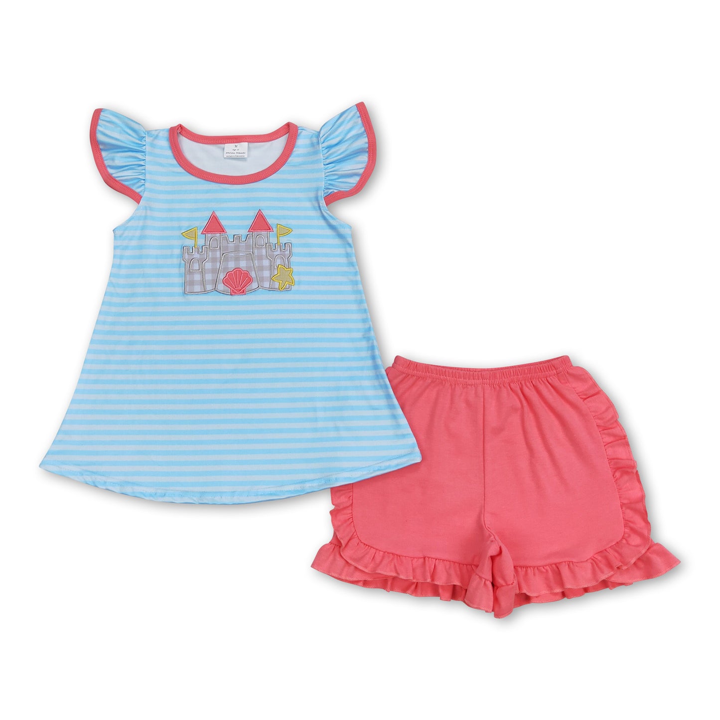 Stripe flutter sleeves castle top shorts girls clothes