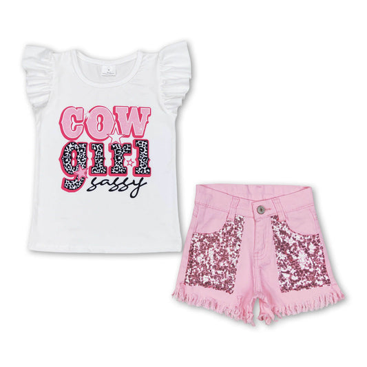 Cowgirl sassy top pink sequin denim shorts kids apparel