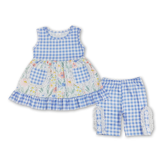 Sleeveless blue plaid floral kids girls summer clothes