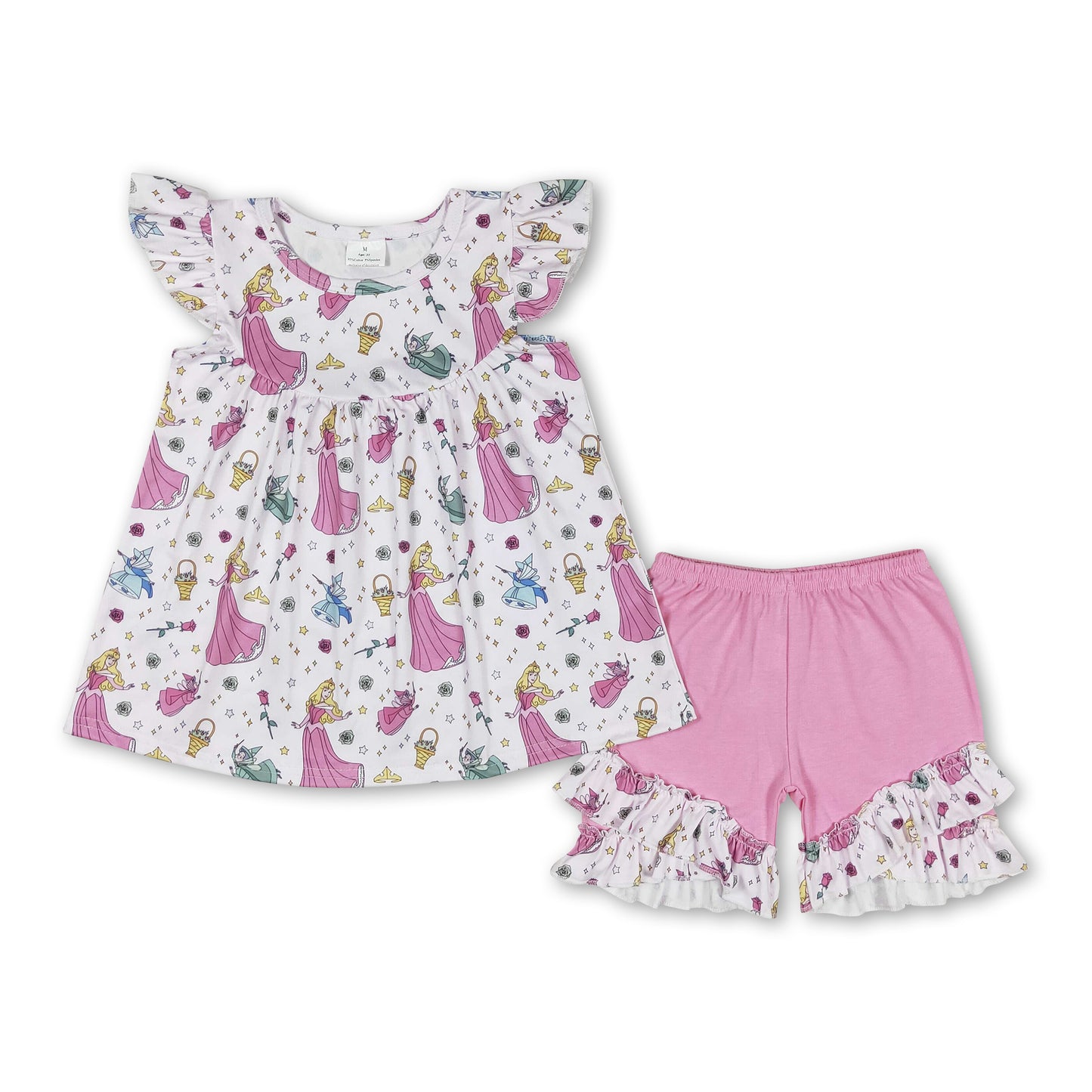 Flutter sleeves rose princess top ruffle shorts girls set