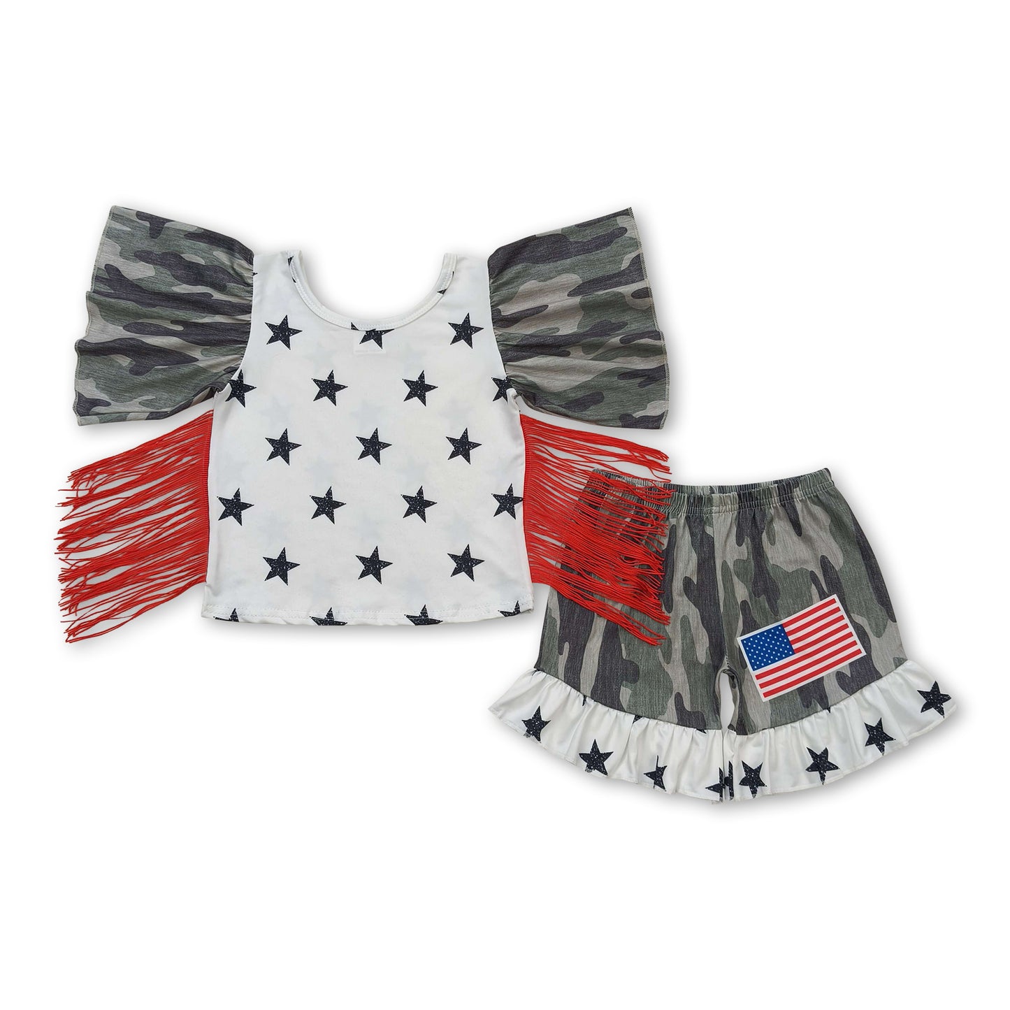 Camo stars tassels top flag shorts girls 4th of july set