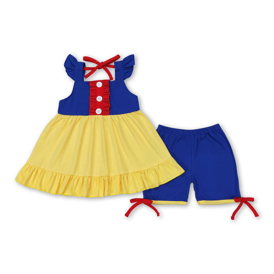 Blue yellow patchwork tunic shorts princess girls clothes