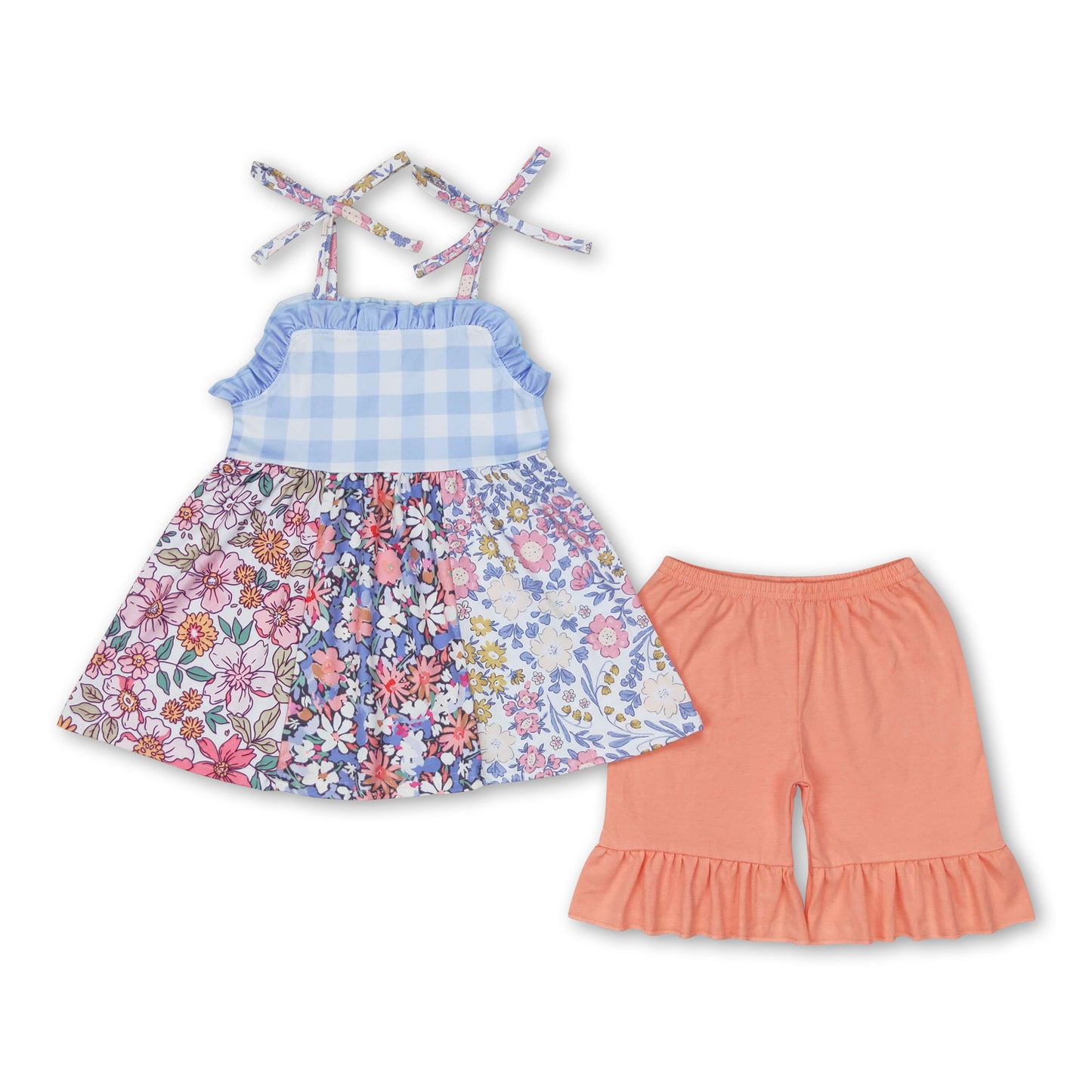 Straps floral patchwork tunic ruffle shorts girls clothes