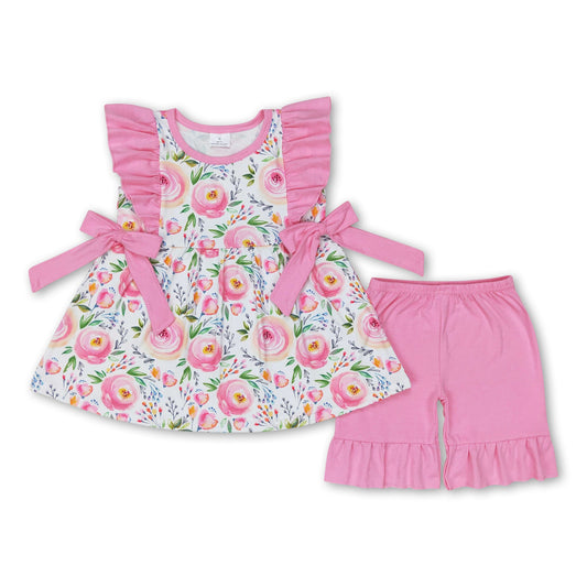 Pink ruffles floral tunic shorts girls spring summer outfits