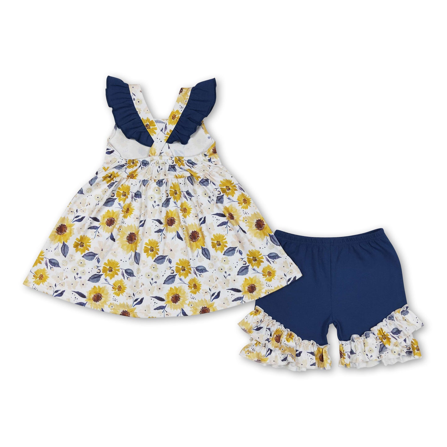 Flutter sleeves sunflower tunic ruffle shorts girls summer set