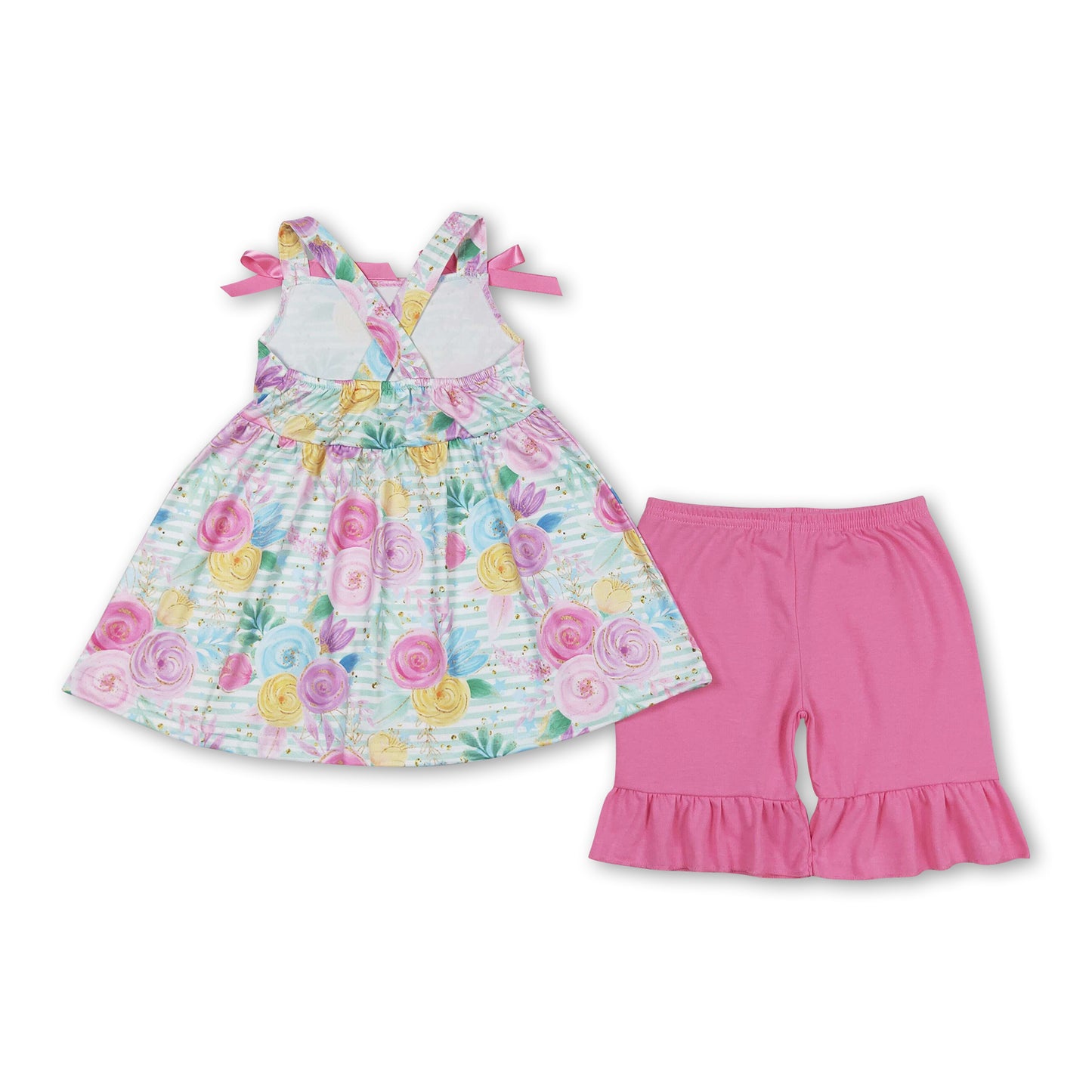 Straps stripe floral tunic ruffle shorts girls clothing set