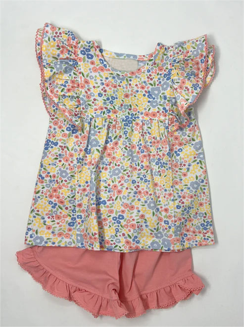 Floral flutter sleeves tunic shorts girls clothing set