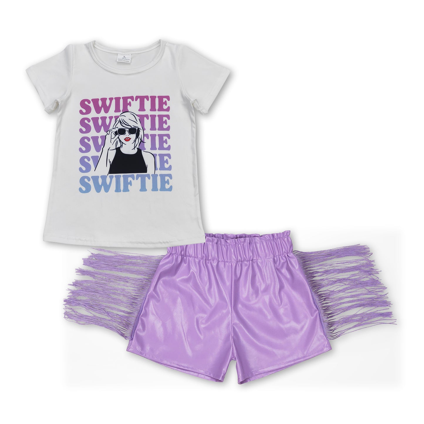 White top lavender tassels leather shorts singer girls set