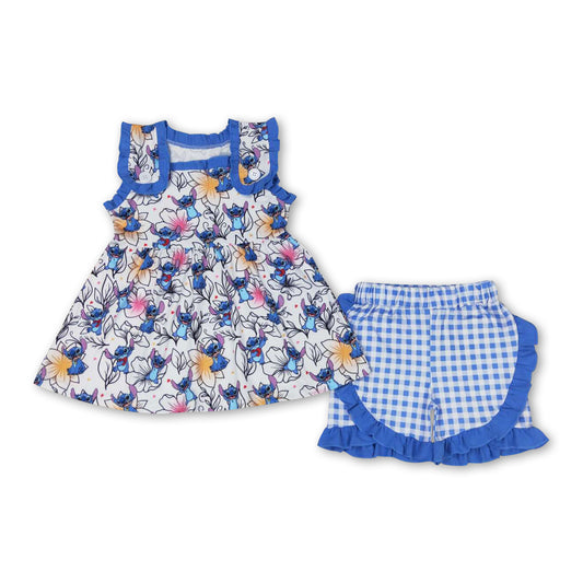 Sleeveless blue floral koala plaid girls summer outfits