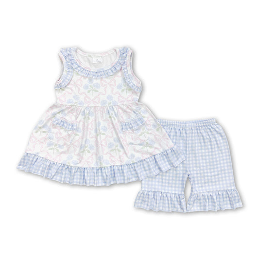 Light blue floral tunic plaid shorts girls clothing set