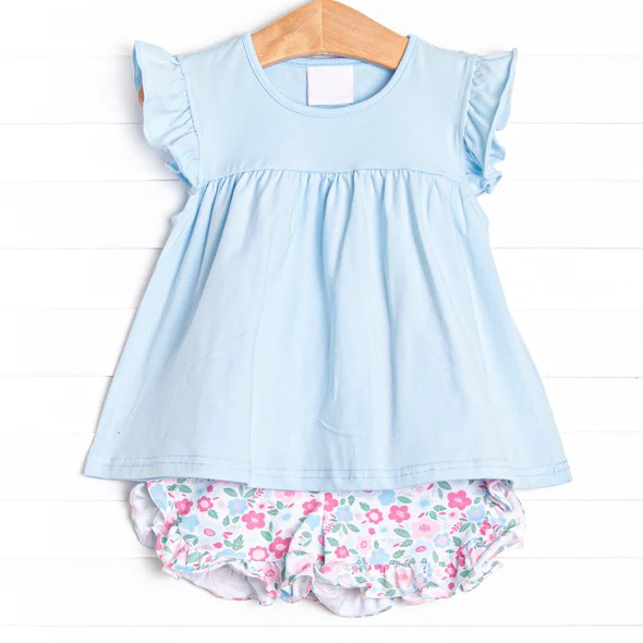 Flutter sleeves tunic light blue floral shorts girls clothing