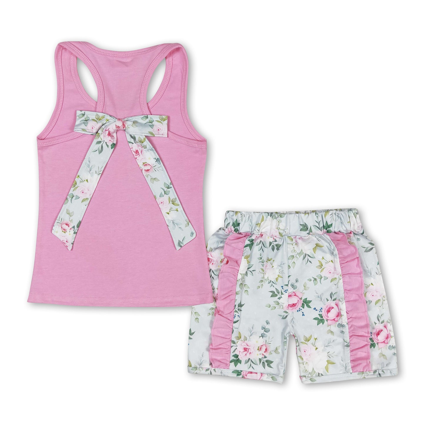 Sleeveless pink top floral ruffle shorts girls summer clothes