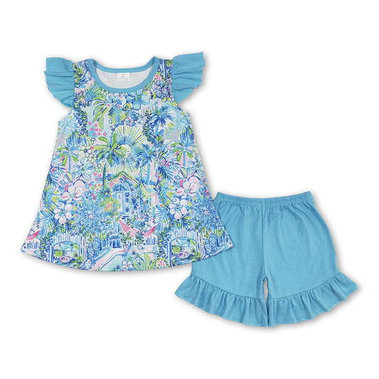 Blue floral watercolor top ruffle shorts girls clothes