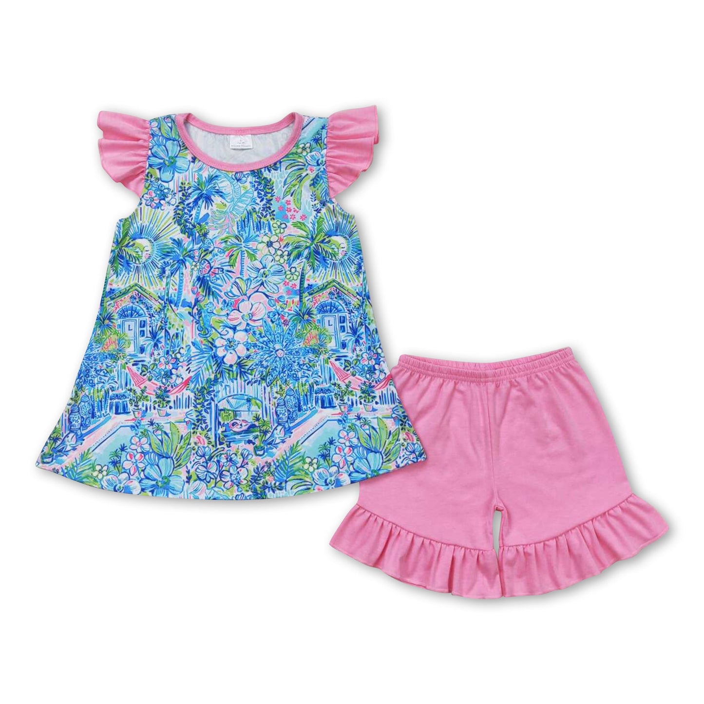 Blue floral watercolor top pink ruffle shorts girls clothes