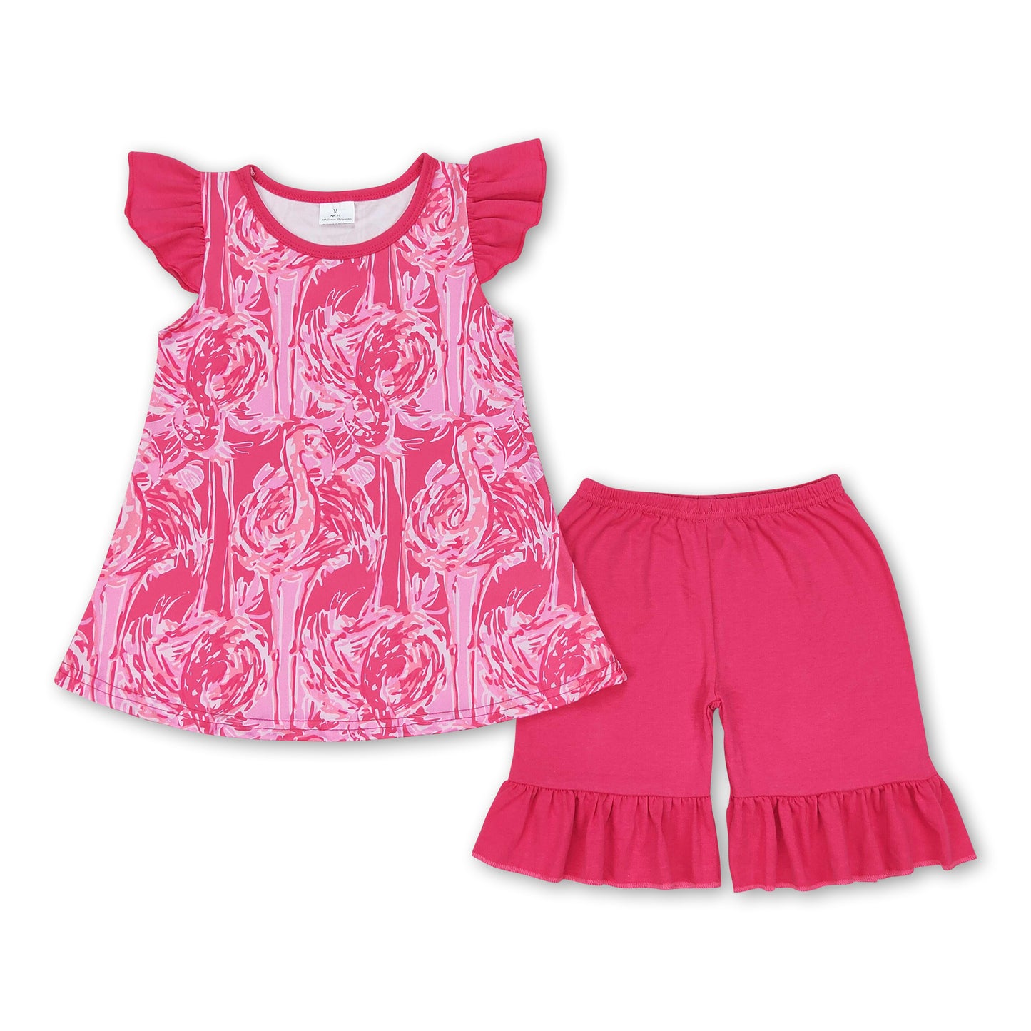 Hot pink watercolor flamingo top ruffle shorts girls clothes