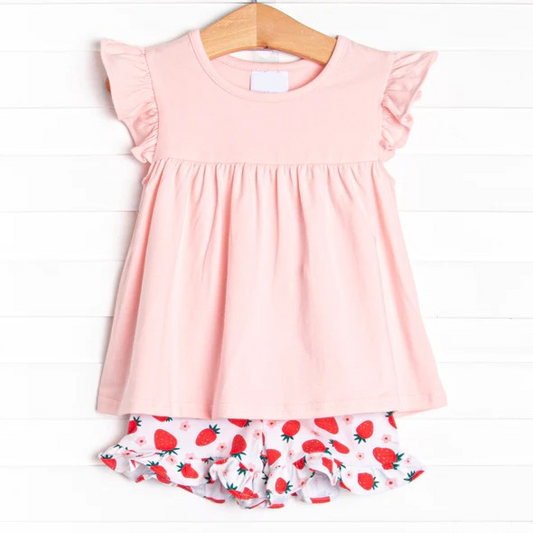 Flutter sleeves top strawberry shorts girls clothing