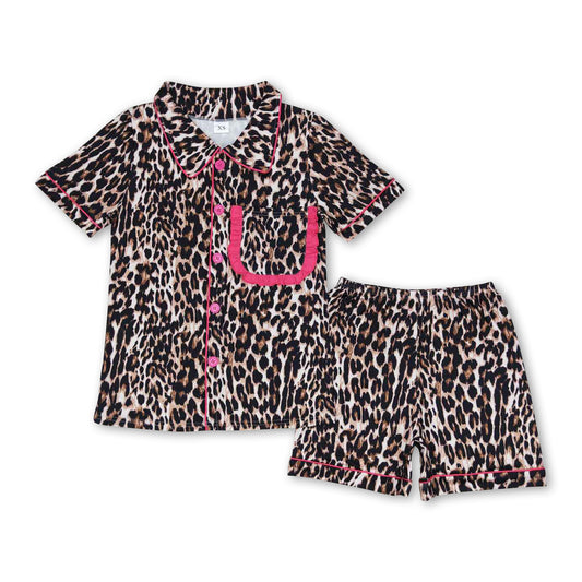 Short sleeves leopard adult women button down pajamas