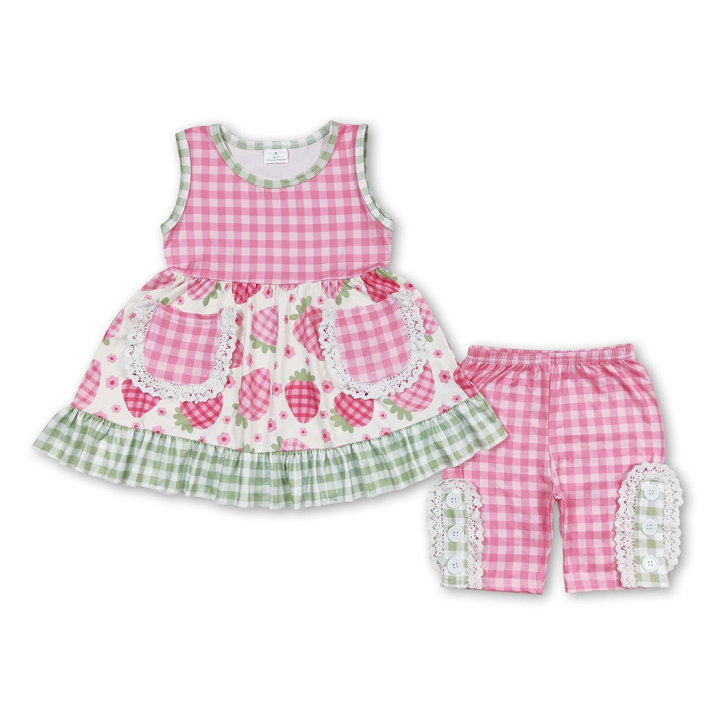 Sleeveless plaid strawberry kids girls clothing set