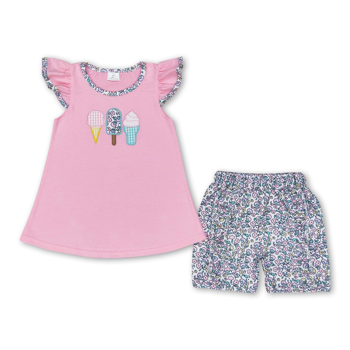 Flutter sleeves ice cream top floral shorts girls clothes