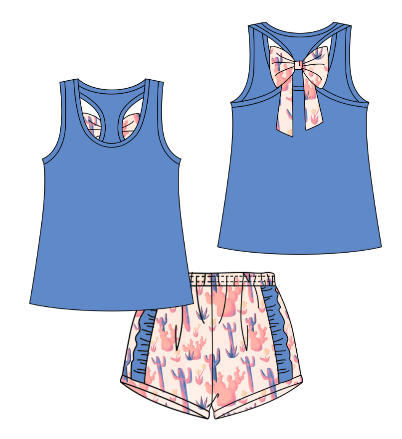 Sleeveless blue top cactus shorts kids girls clothes