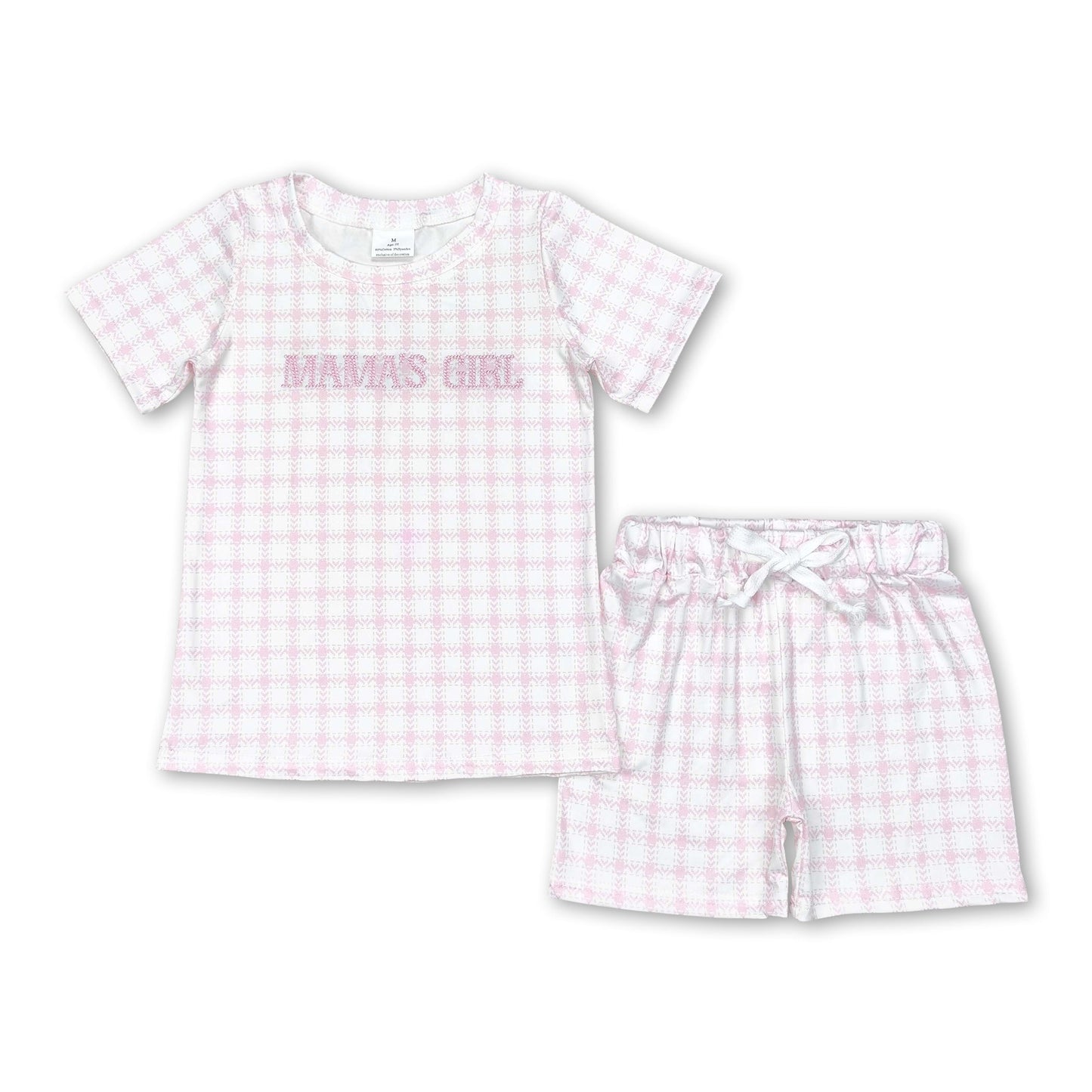 Short sleeves pink plaid mama's girl kids summer clothes