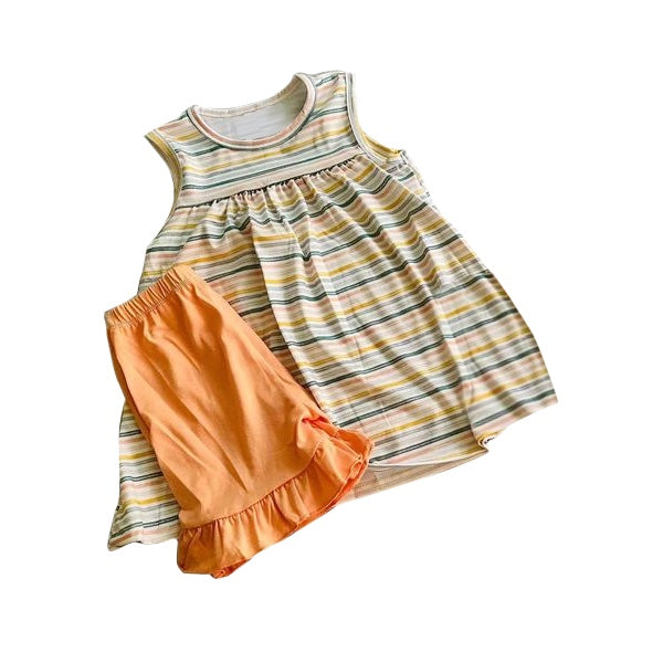 Sleeveless stripe tunic ruffle shorts girls summer clothes