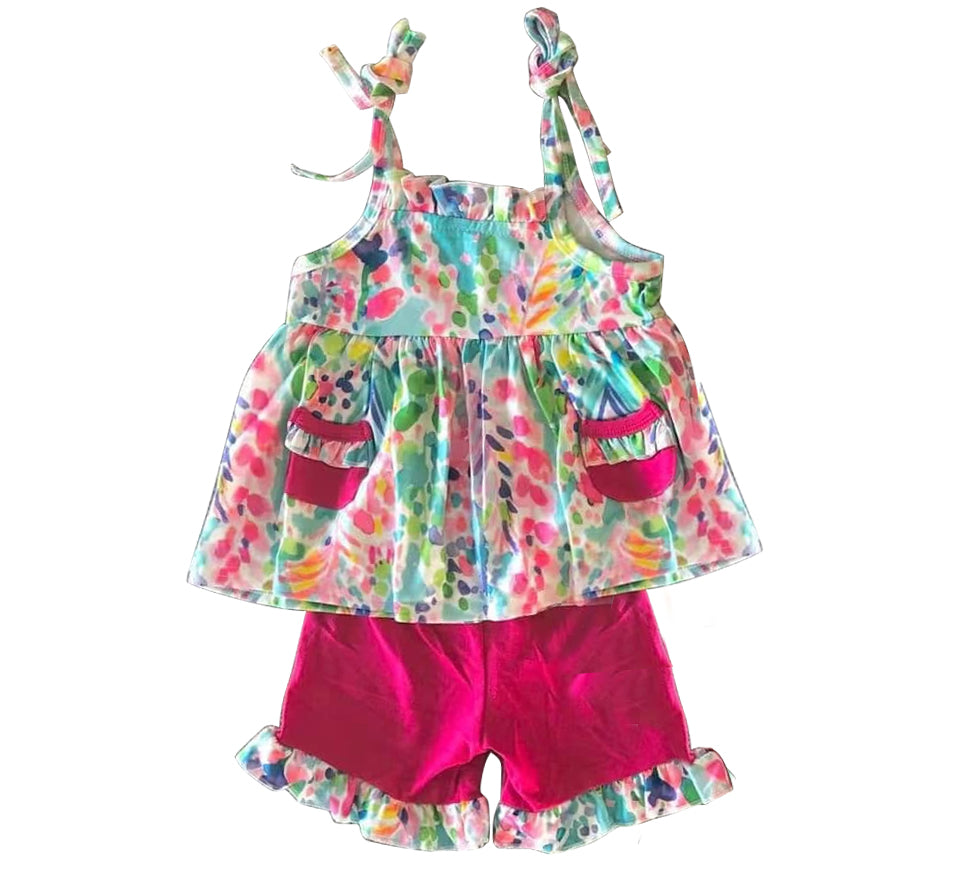 Straps watercolor tunic ruffle shorts girls summer clothes