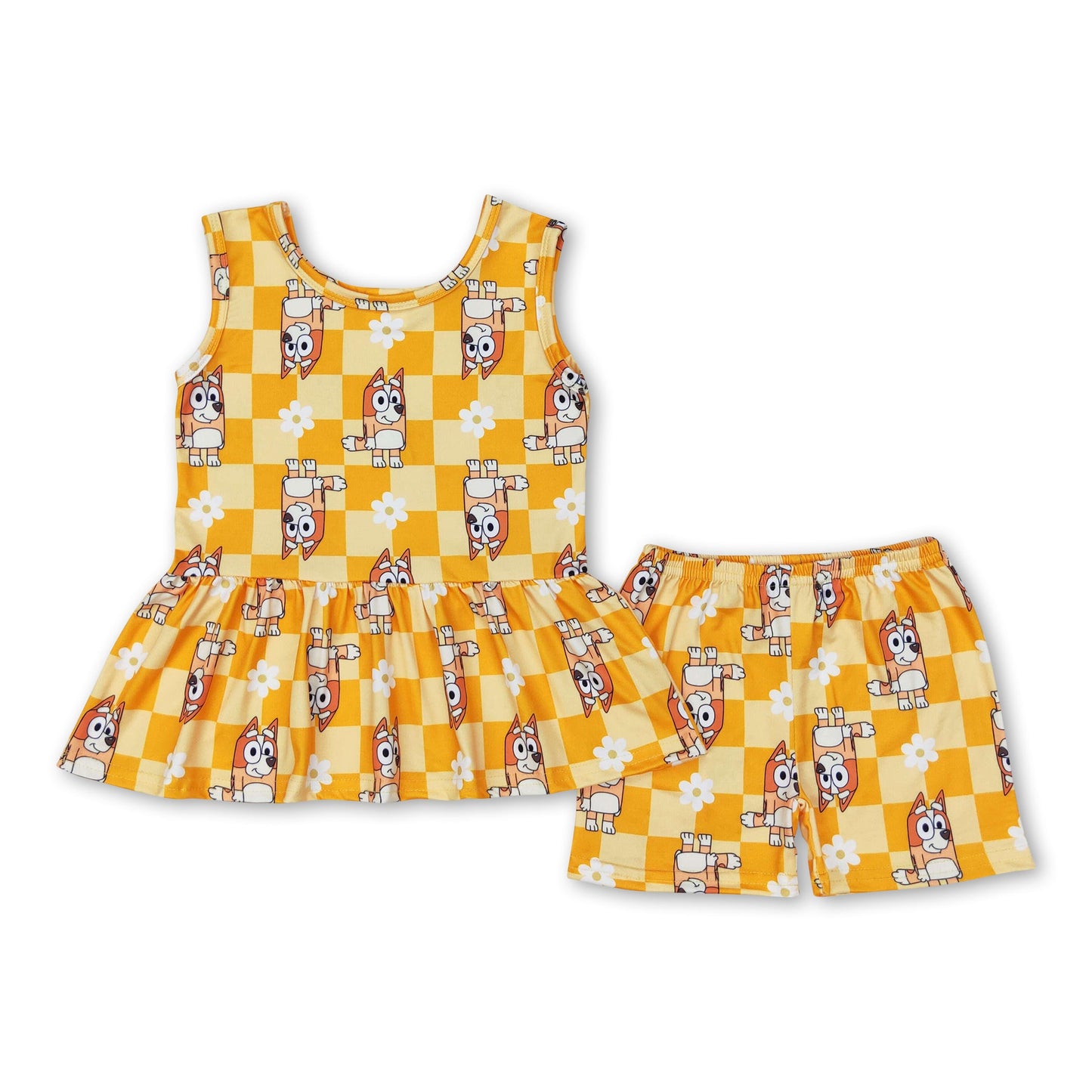 Sleeveless plaid floral yellow dog peplum shorts girls clothes